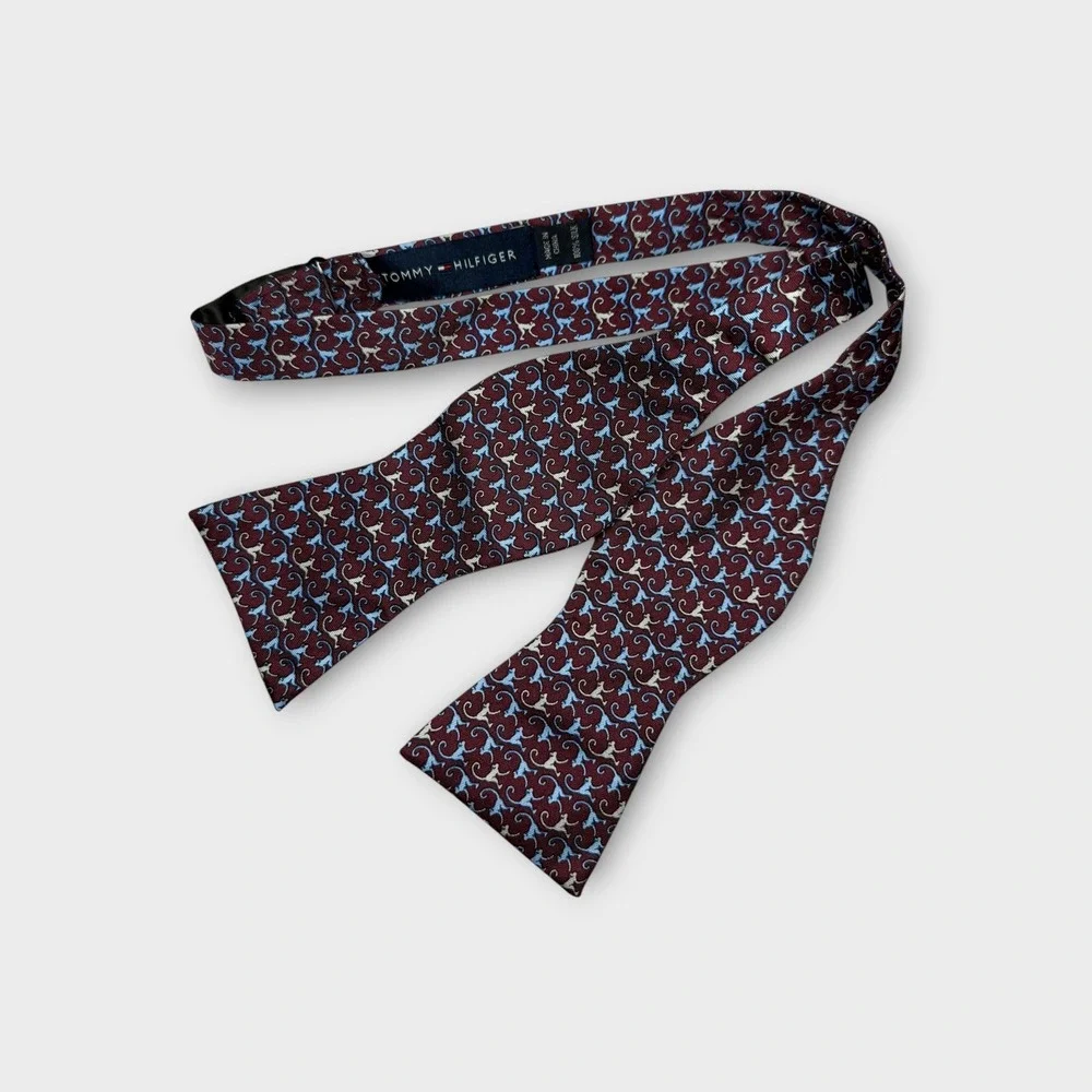 Tommy Hilfiger Bow Tie Monkeys Burgundy Maroon Blue White Silk Adjustable Unique